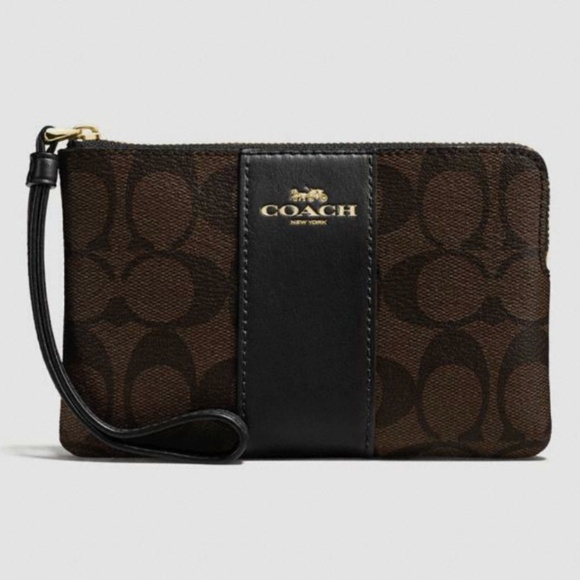 NEW Coach Small Corner Zip Wristlet Signature Canvas With Stripe Brown / Black - Picture 1 of 8